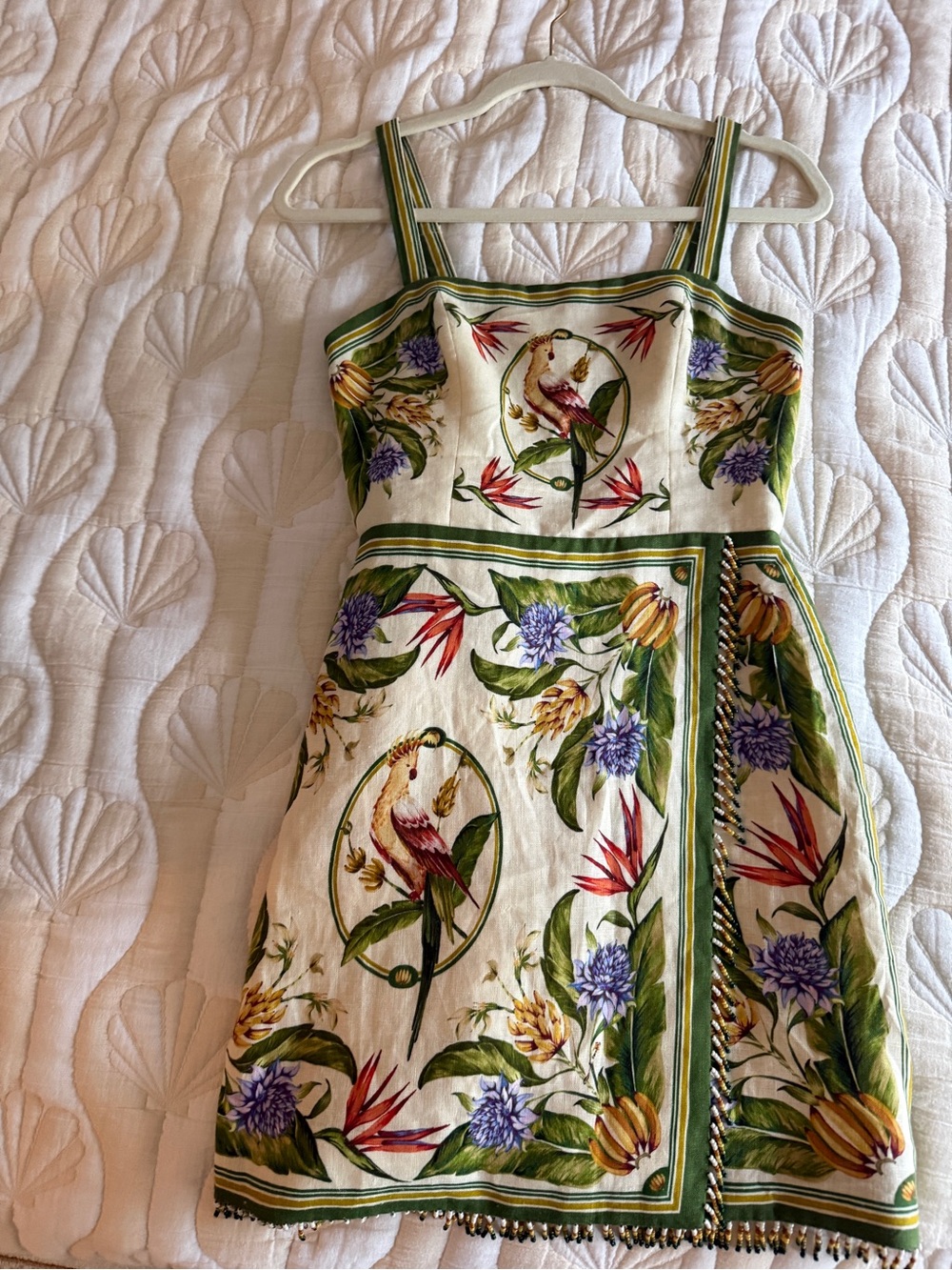 FARM Rio beaded fringe Mini Dress with Green Trim and Multicolor Bird Print - Picture 8 of 9